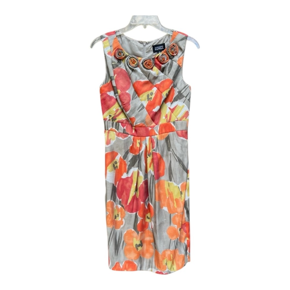 Adrianna Papell Women’s Gray/Orange/Yellow Midi Sleeveless Sheath Dress SZ 6